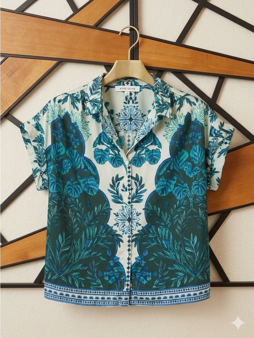 Rose & Olive Teal and White Botanical Short-Sleeve Button-Down Shirt